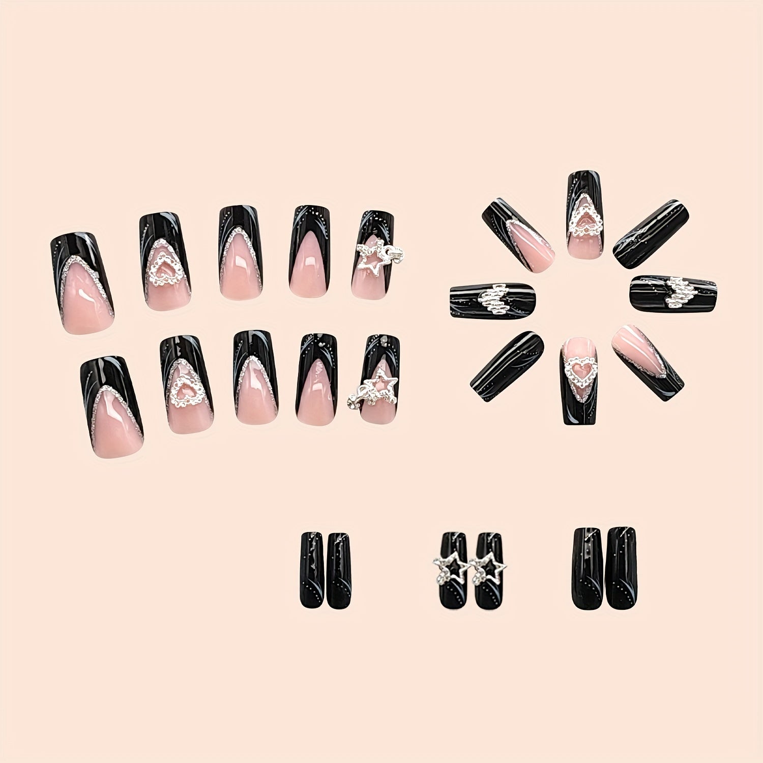 24pcs Set of Medium-Length Square Press-On Nails, Glossy Black French Tips with Sparkling Star and Heart Alloy Accents, Removable Acrylic Fake Nails Kit with Jelly Glue & Nail File - Perfect for DIY Manicure